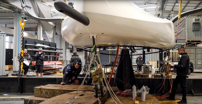 AC40 set up for stress testing, with pressure applied on mainsheet takeoff and forestay attachment -  Emirates Team NZ's AC40 - September 2022 photo copyright Emirates Team NZ taken at Royal New Zealand Yacht Squadron and featuring the AC40 class