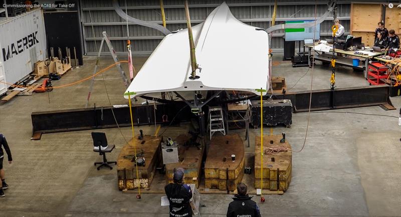 AC40 set up for stress testing, with pressure applied on mainsheet takeoff and forestay attachment -  Emirates Team NZ's AC40 - September 2022 - photo © Emirates Team NZ