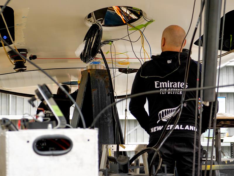 The downforce from the stress testing is transmitted through the mast step and onto a fabricated floor support  - September 2022 - photo © Emirates Team NZ