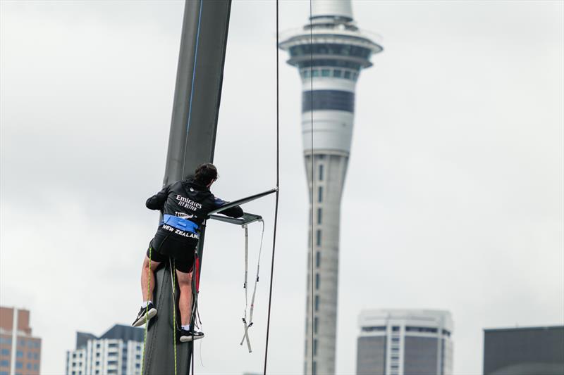 Spreader angle check - America's Cup Joint Recon Emirates Team New Zealand AC40 Day 2 - September 21, 2022 photo copyright Adam Mustill / America's Cup taken at Royal New Zealand Yacht Squadron and featuring the AC40 class