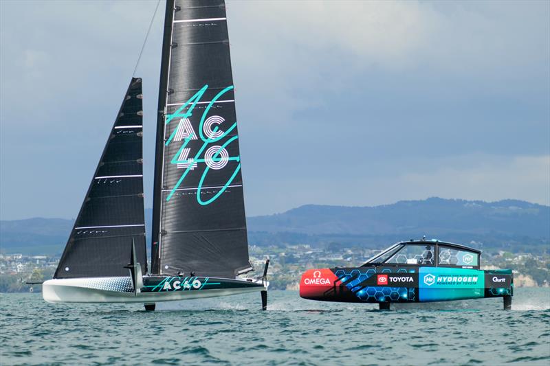 ETNZ AC 40 and Chase Zero - America's Cup Joint Recon Emirates Team New Zealand AC40 Day 2 - September 21, 2022 photo copyright Adam Mustill / America's Cup taken at Royal New Zealand Yacht Squadron and featuring the AC40 class