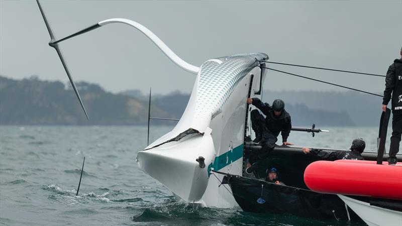 Emirates Team New Zealand - bow damage AC40 - Waitemata Harbour - Auckland - November 21, 2022 photo copyright Adam Mustill / America's Cup taken at Royal New Zealand Yacht Squadron and featuring the AC40 class