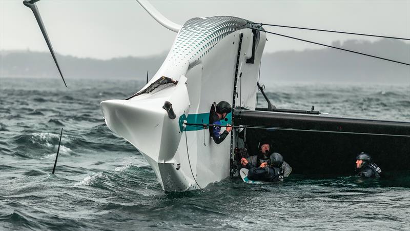 Emirates Team NZ's AC40 bow is re-shaped as a result of forces substantially greater than experienced in AC75 incidents photo copyright Adam Mustill / America's Cup taken at Royal New Zealand Yacht Squadron and featuring the AC40 class