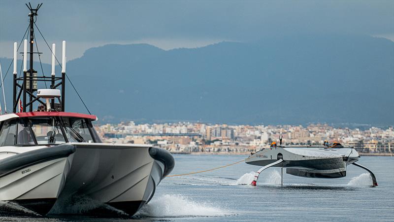 INEOS Britannia - Tow testing in an offset position to avoid outboard turbulence of the foils - December 7, 2022 - Mallorca photo copyright Ugo Fonolla / America's Cup taken at Royal Yacht Squadron and featuring the AC40 class