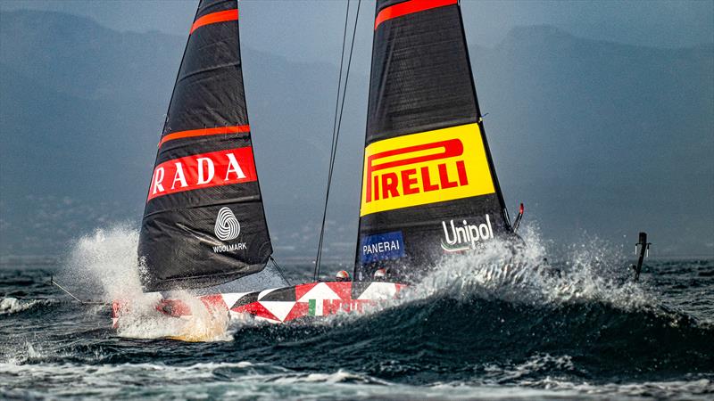 Hitting chase boat wake  Luna Rossa Prada Pirelli -  LEQ12 - December 13, 2022 - Cagliari, Sardinia photo copyright Ivo Rovira / America'sCup taken at Circolo della Vela Sicilia and featuring the AC40 class