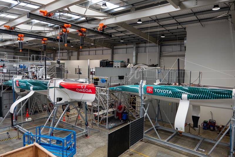 Emirates Team New Zealand LEQ12 and AC40-OD side by side in the ETNZ build facility - December 16, 2022 - photo © Hamish Hooper / Emirates Team New Zealand