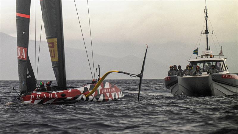 Exposed control cables from missing fairing - Luna Rossa Prada Pirelli -   LEQ12 - December 16, 2022 - Cagliari, Sardinia photo copyright Ivo Rovira / America'sCup taken at Circolo della Vela Sicilia and featuring the AC40 class