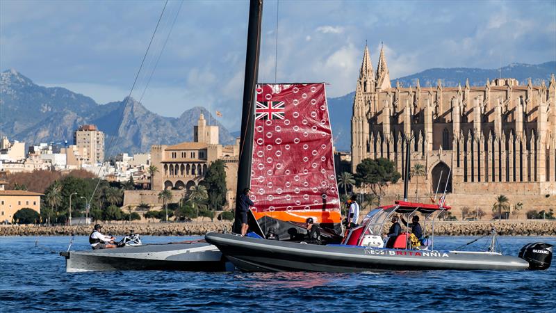 Mainsail hoist - INEOS Britannia  -   LEQ12 - January 12, 2023 - Badia de Palma - Mallorca photo copyright Ugo Fonolla / America's Cup taken at Royal Yacht Squadron and featuring the AC40 class