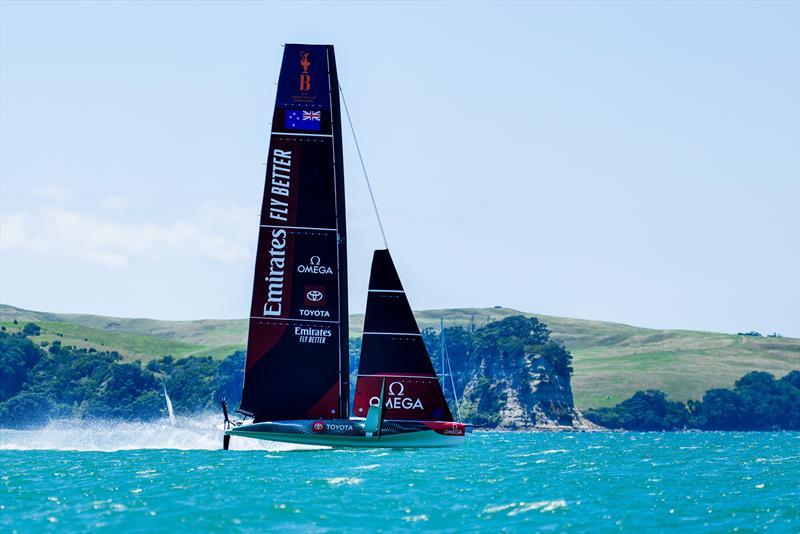 Sailing downwind past Motutapu Island - Emirates Team NZ -  AC40-1|LEQ12 - January 20, 2023 - Hauraki Gulf photo copyright Adam Mustill / America's Cup taken at Royal New Zealand Yacht Squadron and featuring the AC40 class