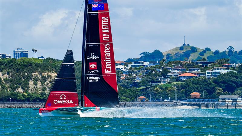 Sending it down the Waitemata - Emirates Team NZ -  AC40-1|LEQ12 - January 20, 2023 - Hauraki Gulf photo copyright Adam Mustill / America's Cup taken at Royal New Zealand Yacht Squadron and featuring the AC40 class