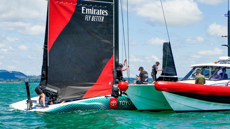 Batten adjustment - Emirates Team NZ -  AC40-1|LEQ12 - January 20, 2023 - Hauraki Gulf photo copyright Adam Mustill / America's Cup taken at Royal New Zealand Yacht Squadron and featuring the AC40 class