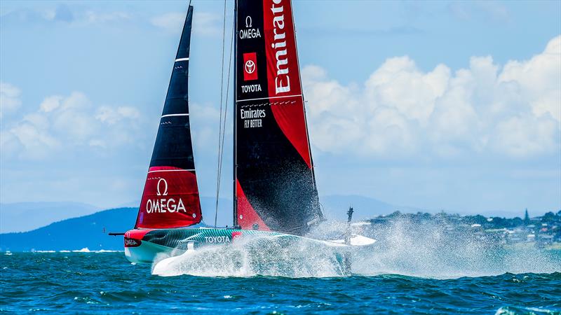 At high speed - Emirates Team NZ -  AC40-1|LEQ12 - January 20, 2023 - Hauraki Gulf photo copyright Adam Mustill / America's Cup taken at Royal New Zealand Yacht Squadron and featuring the AC40 class