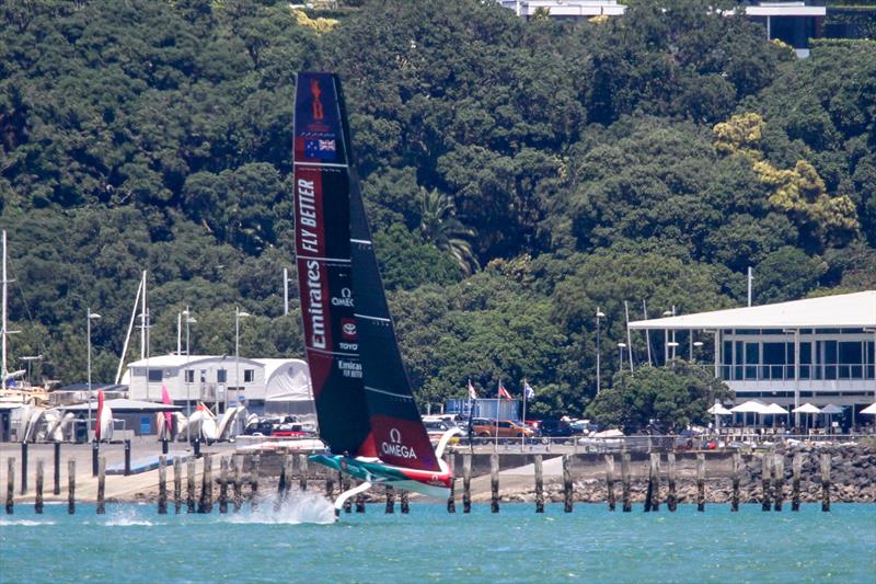 3. Bow dips and rudder is out of the water - Emirates Team NZ -  AC40-1|LEQ12 - January 23, 2023 - Waitemata Harbour photo copyright Richard Gladwell - Sail-World.com/nz taken at Royal New Zealand Yacht Squadron and featuring the AC40 class