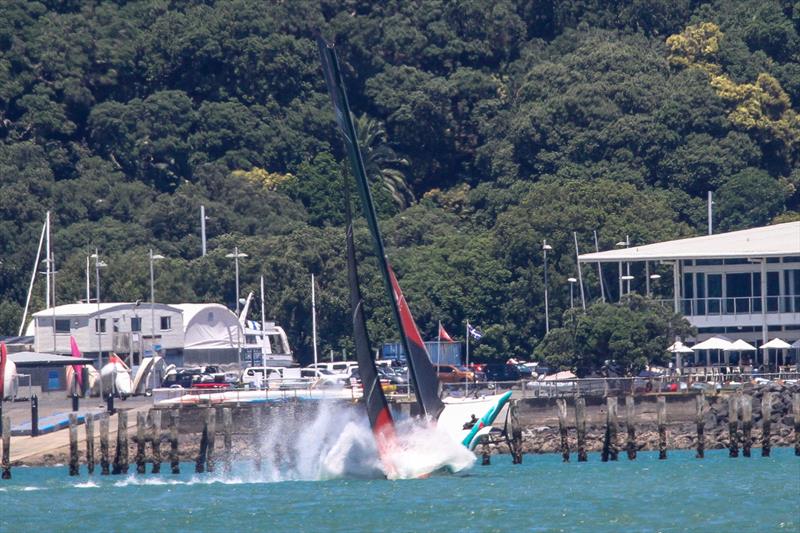 5. Bow hits water with LEQ12 still turning - Emirates Team NZ -  AC40-1|LEQ12 - January 23, 2023 - Waitemata Harbour photo copyright Richard Gladwell - Sail-World.com/nz taken at Royal New Zealand Yacht Squadron and featuring the AC40 class