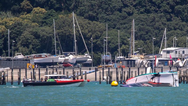 16. Chase boat moves in to start righting - Emirates Team NZ -  AC40-1|LEQ12 - January 23, 2023 - Waitemata Harbour - photo © Richard Gladwell - Sail-World.com/nz