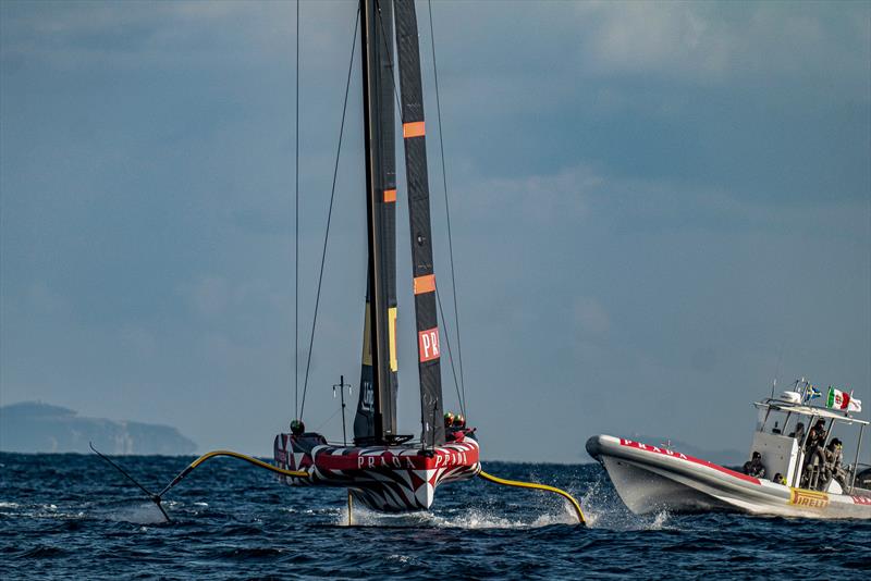 Wing foil only partially raised coming out of JK - Luna Rossa Prada Pirelli -   LEQ12 - January 27, 2023 - Cagliari photo copyright Ivo Rovira / America'sCup taken at Circolo della Vela Sicilia and featuring the AC40 class