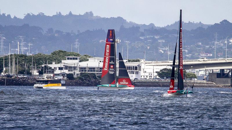 Emirates Team NZ's two AC40's cross tacks outside the Royal New Zealand Yacht Squadron - February 2, 2023 photo copyright Richard Gladwell - Sail-World.com / nz taken at Royal New Zealand Yacht Squadron and featuring the AC40 class