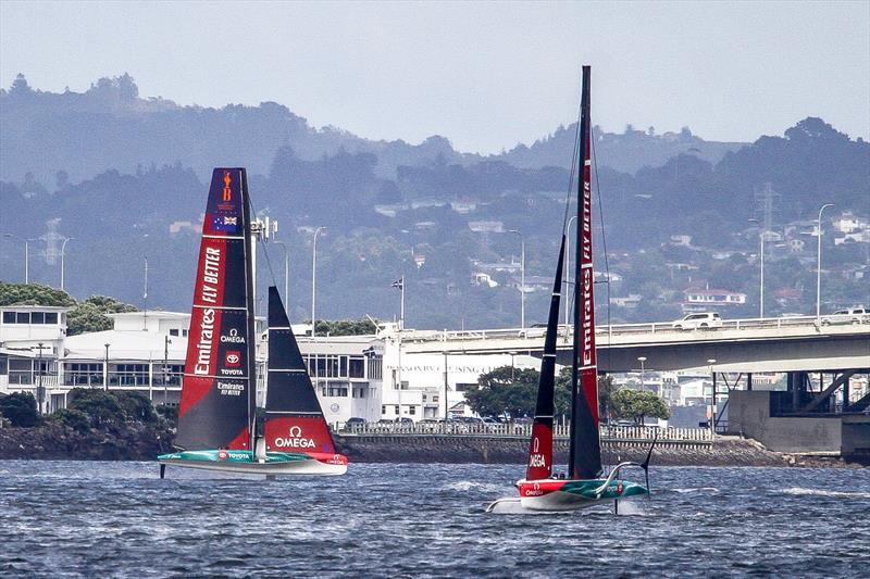 Emirates Team NZ's two AC40's cross tacks outside the Royal New Zealand Yacht Squadron - February 2, 2023 photo copyright Richard Gladwell - Sail-World.com / nz taken at Royal New Zealand Yacht Squadron and featuring the AC40 class