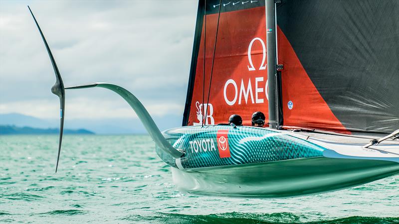 Anhedral foil - Emirates Team New Zealand - LEQ12 - Hauraki Gulf - February 2, 2023 photo copyright Adam Mustill / America's Cup taken at Royal New Zealand Yacht Squadron and featuring the AC40 class