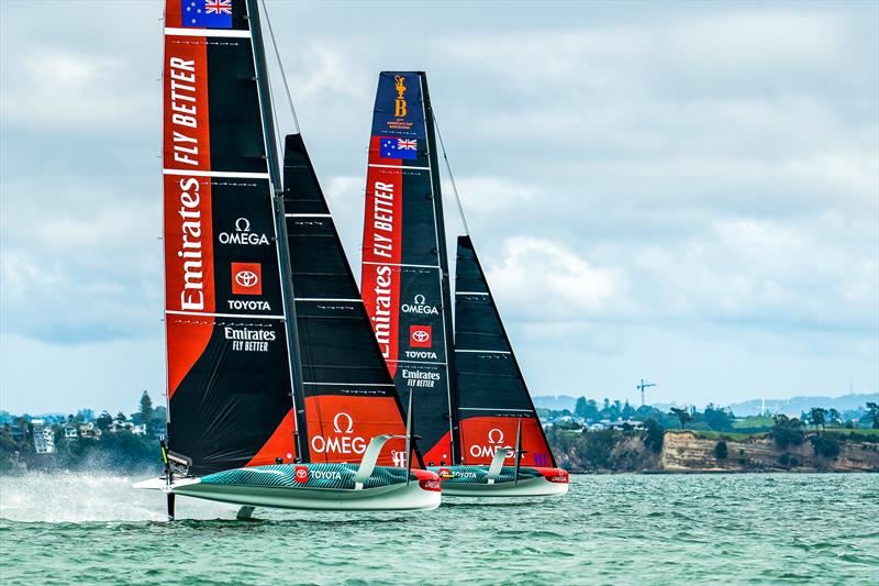 Emirates Team New Zealand - Two boat testing - AC40 - Hauraki Gulf - February 2, 2023 photo copyright Adam Mustill / America's Cup taken at Royal New Zealand Yacht Squadron and featuring the AC40 class