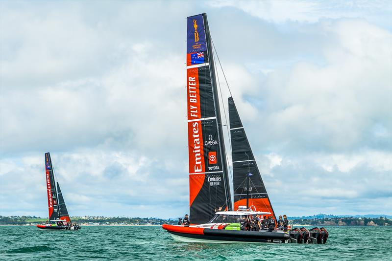 Emirates Team New Zealand - Two boat testing - AC40 - Hauraki Gulf - February 2, 2023 photo copyright Adam Mustill / America's Cup taken at Royal New Zealand Yacht Squadron and featuring the AC40 class