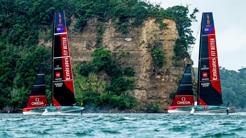 Emirates Team New Zealand - Two boat testing - AC40 - Hauraki Gulf - February 3, 2023 photo copyright Adam Mustill / America's Cup taken at Royal New Zealand Yacht Squadron and featuring the AC40 class