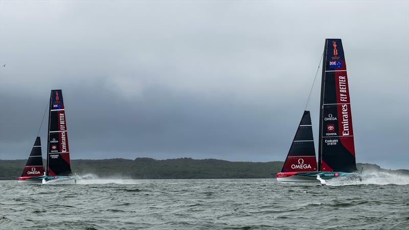 Emirates Team New Zealand - Two boat testing @46kts plus - AC40 - Hauraki Gulf - February 3, 2023 photo copyright Adam Mustill / America's Cup taken at Royal New Zealand Yacht Squadron and featuring the AC40 class