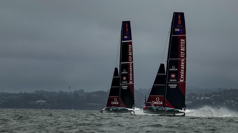 Emirates Team New Zealand - Two boat testing - AC40 - Hauraki Gulf - February 3, 2023 photo copyright Adam Mustill / America's Cup taken at Royal New Zealand Yacht Squadron and featuring the AC40 class