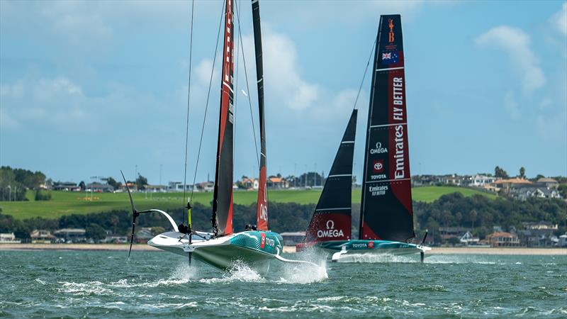 Emirates Team New Zealand  -   LEQ12 (nearest camera) and AC-40 OD  - February 7, 2023 - Eastern Beach photo copyright Adam Mustill / America's Cup taken at Royal New Zealand Yacht Squadron and featuring the AC40 class