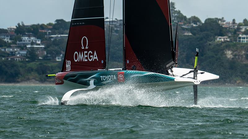 Emirates Team New Zealand  -   LEQ12 riding on her anhedral test foil  - February 7, 2023 - Eastern Beach, Auckland NZ - photo © Adam Mustill / America's Cup