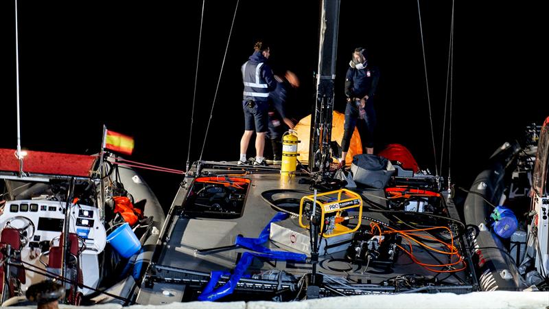 1905hrs: LEQ12 with supports boats strapped alongside - LEQ12 -  February 8, 2023 - Mallorca photo copyright Ugo Fonolla / America's Cup taken at Royal Yacht Squadron and featuring the AC40 class