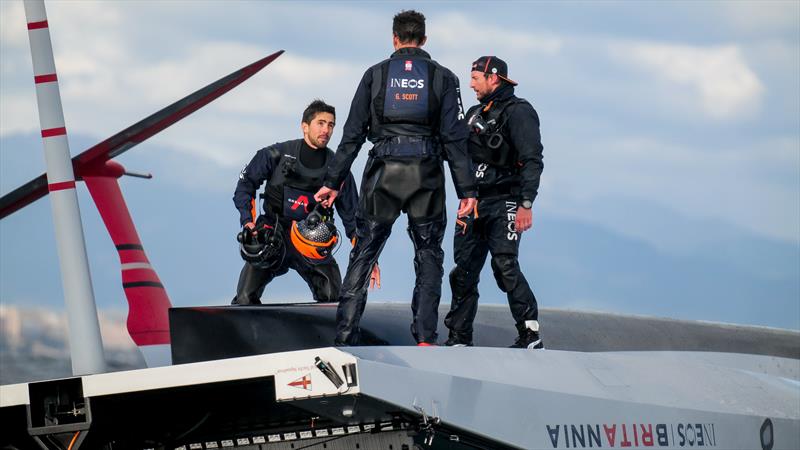 1604hrs: Crew discussion  - LEQ12 -  February 8, 2023 - Mallorca photo copyright Ugo Fonolla / America's Cup taken at Royal Yacht Squadron and featuring the AC40 class