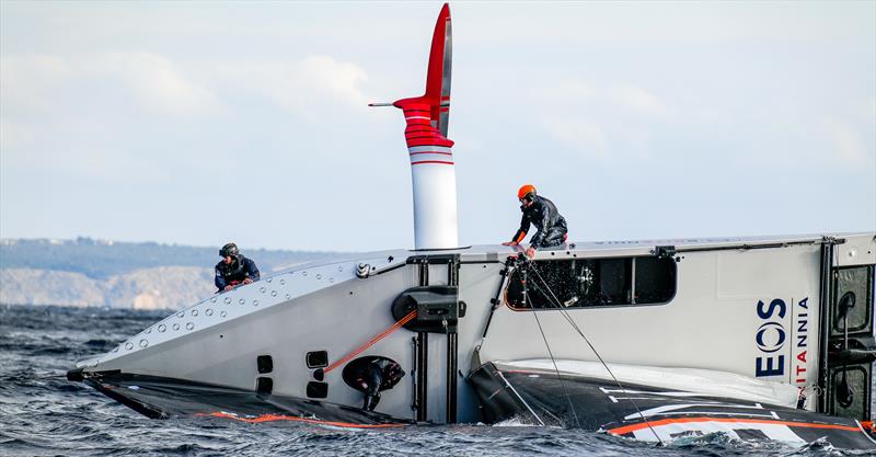 INEOS Britannia's unfortunate capsize gave Cup Tragics the opportunity for a good look at T6's deck layout, including the self tacking jib car. February 8, 2023  photo copyright Ugo Fonolla / America's Cup taken at Royal Yacht Squadron and featuring the AC40 class