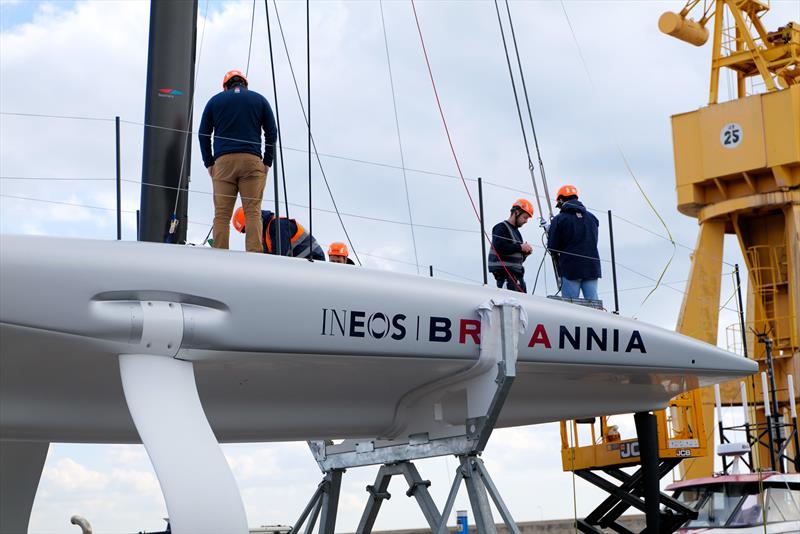 INEOS Britannia - AC40 - roll out and mast stepping - February 10, 2023 photo copyright Ugo Fonolla / America's Cup taken at Royal Yacht Squadron and featuring the AC40 class