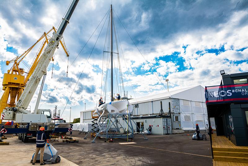 INEOS Britannia - AC40 - roll out and mast stepping - February 10, 2023 photo copyright Ugo Fonolla / America's Cup taken at Royal Yacht Squadron and featuring the AC40 class