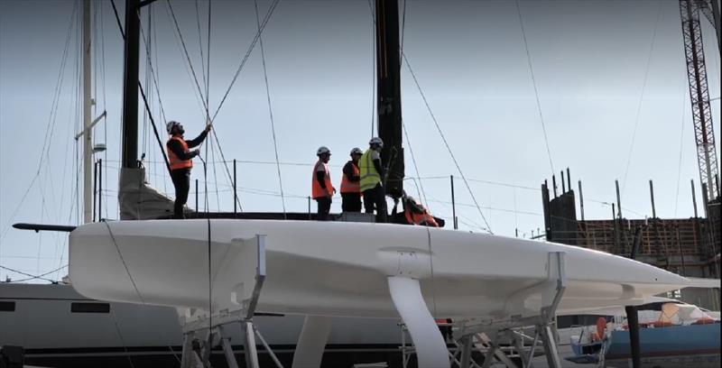 Alinghi Red Bull Racing stepping the mast into their AC40 - Barcelona - February 10, 2023 photo copyright AC37 Joint Recon taken at Société Nautique de Genève and featuring the AC40 class