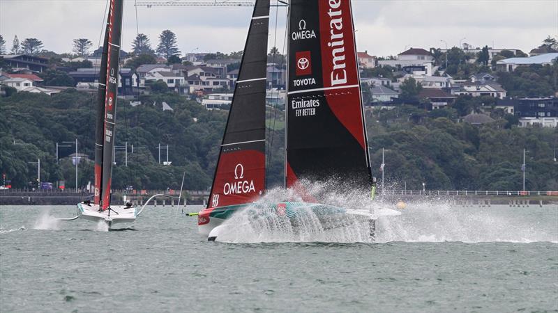 Emirates Team New Zealand  -  LEQ12 and AC40 - Day 21 - February 27, 2023 - Waitemata Harbour, Auckland NZ photo copyright Adam Mustill / America's Cup taken at Royal New Zealand Yacht Squadron and featuring the AC40 class