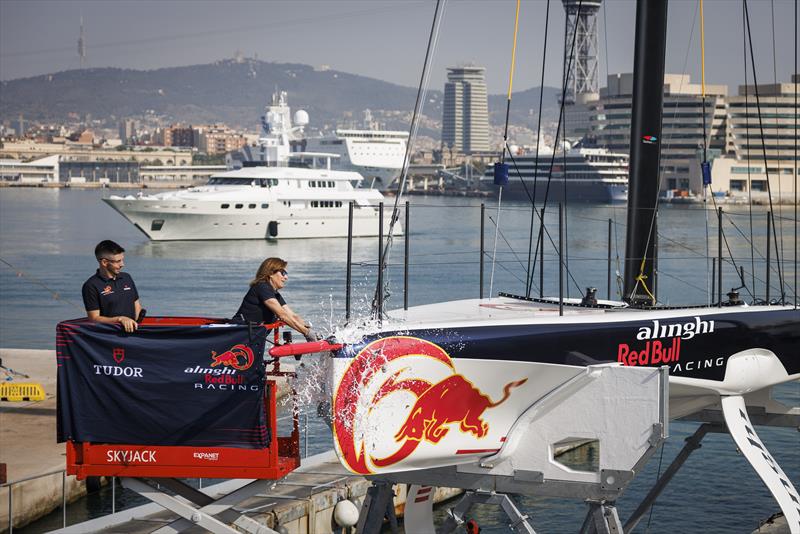 Maxime Bachelin (L) and Elena Saez (R) of Alinghi Red Bull Racing seen during the christening of AC40#2 in Barcelona, Spain on May 24 photo copyright Alinghi Red Bull Racing / Samo Vidic taken at  and featuring the AC40 class