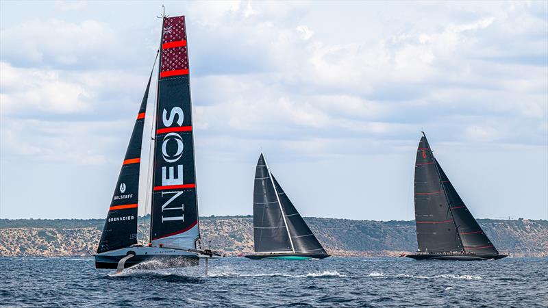 INEOS Britannia Team - Day 52 - T6 (LEQ12) passing two J-class off Mallorca - May 24, 2023 photo copyright Ugo Fonolla / America's Cup taken at Royal Yacht Squadron and featuring the AC40 class