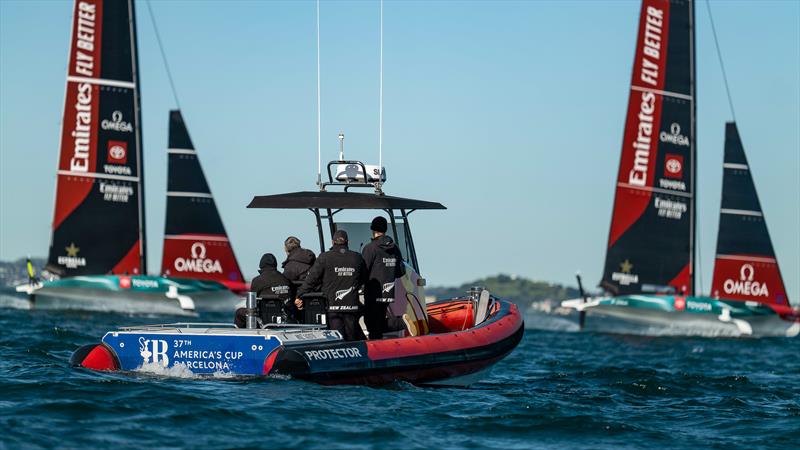 Emirates Team New Zealand - LEQ12 and AC40 - Day 32, June 8, 2023 photo copyright Adam Mustill / America's Cup taken at Royal New Zealand Yacht Squadron and featuring the AC40 class