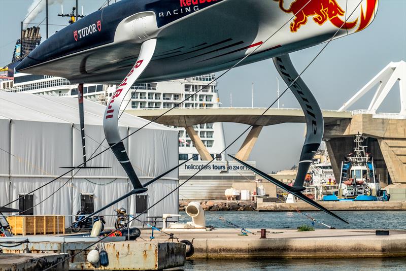 The LEQ12 development boat was fitted with standard One -Design foils for the test session - Alinghi Red Bull Racing - AC40  - Day 40 - July 11, 2023 - Barcelona - photo © Alex Carabi / America's Cup