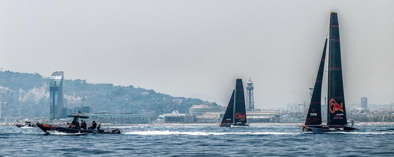 Under tow and chasing the breeze - but in the other direction - Alinghi Red Bull Racing - AC40  - Day 40 - July 11, 2023 - Barcelona - photo © Alex Carabi / America's Cup