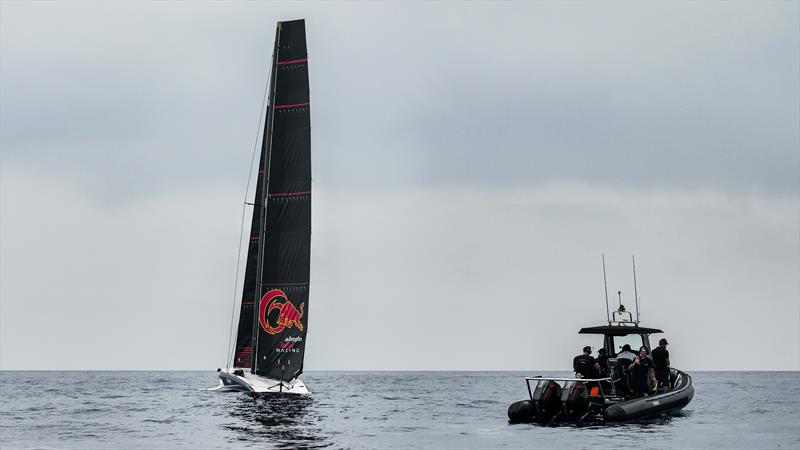 A grey sky and grey sea greeted Alinghi Red Bull Racing - AC40  - Day 40 - July 11, 2023 - Barcelona photo copyright Alex Carabi / America's Cup taken at Société Nautique de Genève and featuring the AC40 class