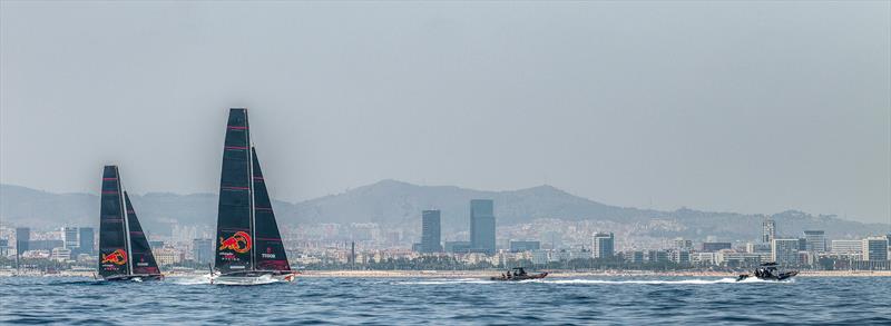 Under tow and chasing the breeze - Alinghi Red Bull Racing - AC40  - Day 40 - July 11, 2023 - Barcelona photo copyright Alex Carabi / America's Cup taken at Société Nautique de Genève and featuring the AC40 class