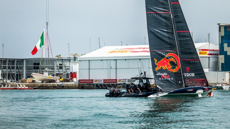 The Italian flag tells the story of the day - Alinghi Red Bull Racing - AC40  - Day 40 - July 11, 2023 - Barcelona photo copyright Alex Carabi / America's Cup taken at Société Nautique de Genève and featuring the AC40 class