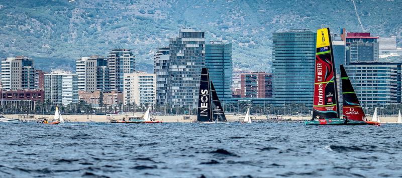 Club race fleet with INEOS Britannia and Emirates Team NZ - AC40 and AC75- July 26, 2023 - Barcelona - photo © Paul Todd/America's Cup