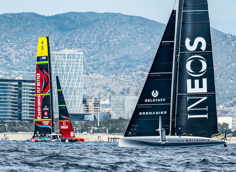 INEOS Britannia and Emirates Team NZ - AC40 and AC75 - July 26, 2023 - Barcelona photo copyright Paul Todd/America's Cup taken at New York Yacht Club and featuring the AC40 class