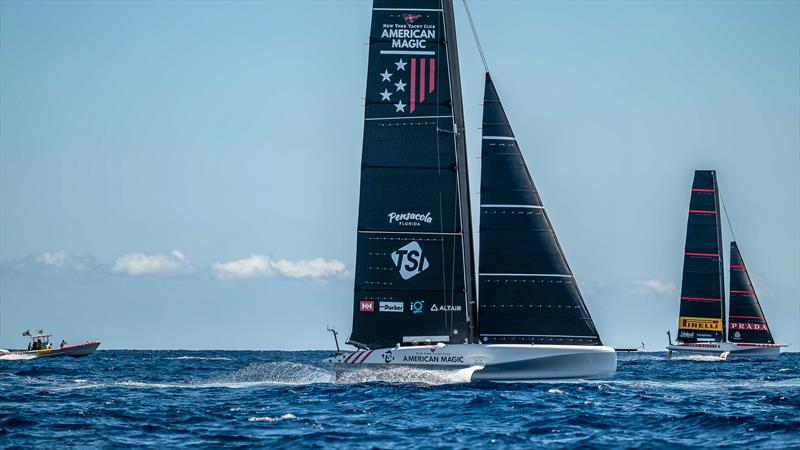 NYYC American Magic and Luna Rossa Prada Pirelli in an accidental hookup- LEQ12/AC40s - Day 47 - August 4 , 2023 - Barcelona photo copyright Paul Todd/America's Cup taken at New York Yacht Club and featuring the AC40 class