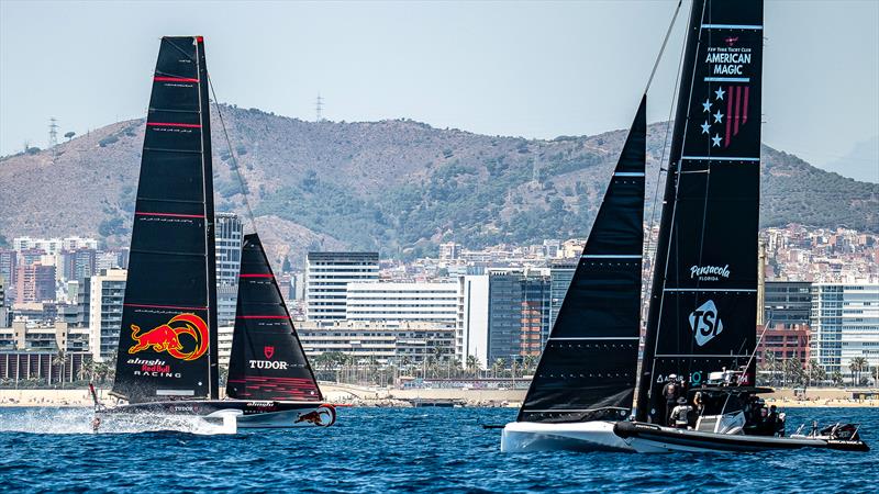 NYYC American Magic and Alinghi Red Bull Racing - LEQ12/AC40s - Day 49 - August 9, 2023 - Barcelona photo copyright Paul Todd/America's Cup taken at New York Yacht Club and featuring the AC40 class