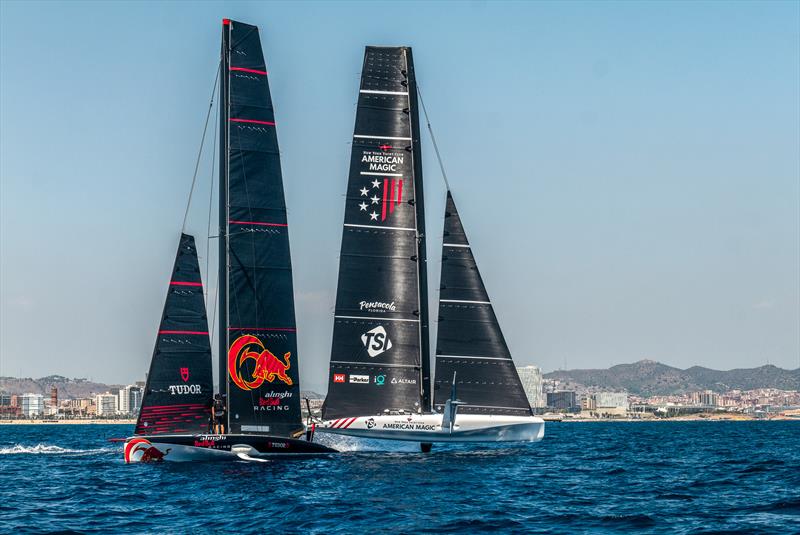Alinghi Red Bull Racing and American Magic - LEQ12/AC40 - Day 48 - August 9 , 2023 - Barcelona photo copyright Alex Carabi / America's Cup taken at Société Nautique de Genève and featuring the AC40 class
